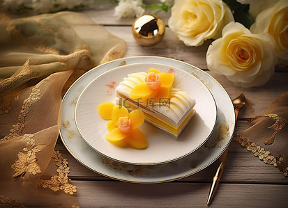 芒果蛋糕背景图片_图像显示盘子上的中国芒果蛋糕片