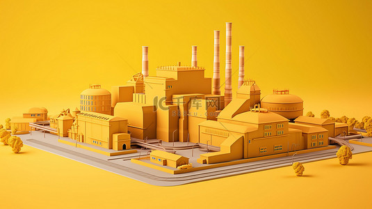 黄色背景工厂插图的 3D 设计