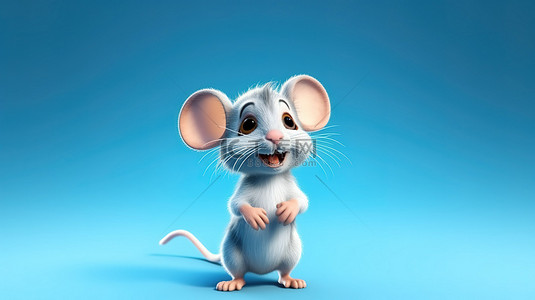 可爱的鼠标在渐变的蓝色背景上运动的 3D 渲染