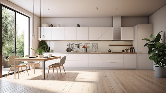 现代厨房设计，配有时尚的内置柜台和 3D 白色橱柜