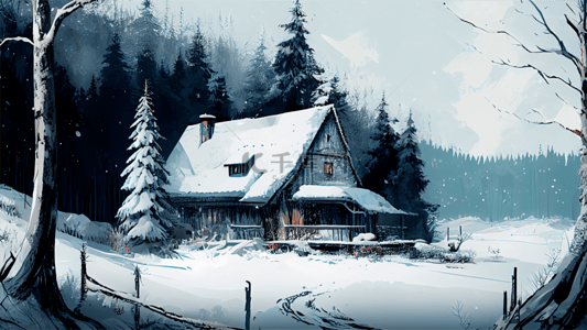 卡通雪松背景图片_冬季雪顶房子插画背景