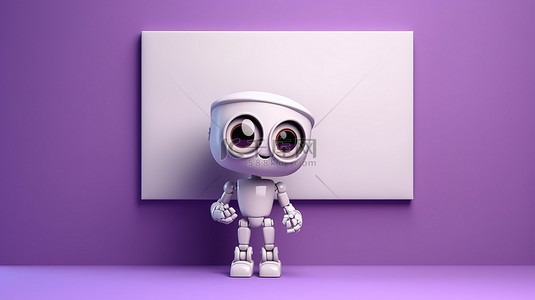 俏皮的机器人伴侣，在充满活力的紫色背景上带有空白画布 3D 插图和模型
