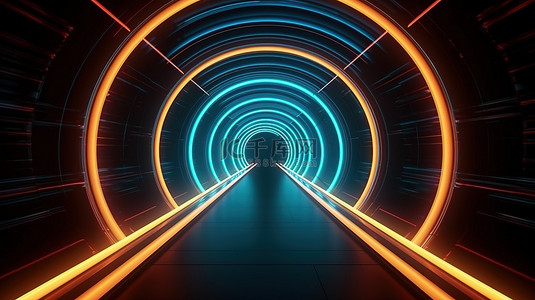 展示科技背景图片_带有发光霓虹灯的高科技隧道的发光激光路径数字渲染