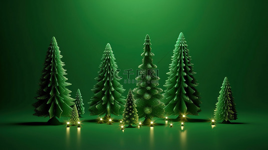 绿色礼品卡背景图片_节日 3D 圣诞树和绿色背景的节日元素