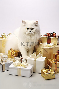 可爱蝴蝶结背景图片_一只白猫，带着一堆礼品盒和蝴蝶结