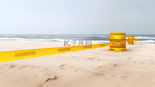 黄色的沙滩背景图片_白色背景下围绕海洋或海滨沙滩的隔离黄色胶带条的 3D 渲染