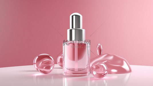 护肤品包装白色讲台的 3d 渲染，粉红色背景上带有液滴瓶模型