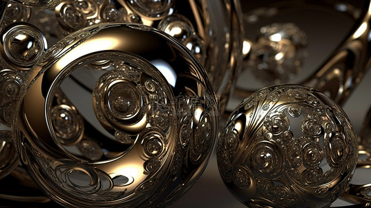 金属球球背景图片_具有抽象扭曲的 3d 渲染金属元球和螺旋的框架