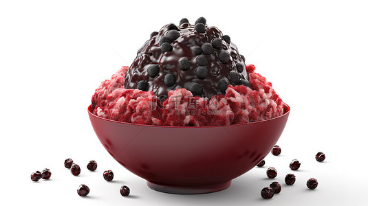 卡通风格 3d 渲染红豆顶部 bingsu 刨冰与白色背景上的巧克力毛毛雨