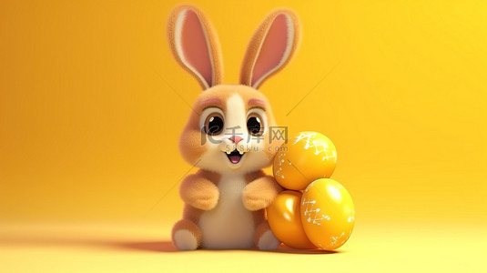 3D 在黄色背景上呈现毛绒兔子，这是一个有趣的复活节问候语