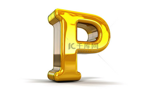 白色背景上带有黄色汽车漆的大写字母 p 的光泽金属 3d 字体