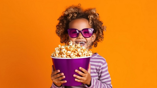 儿童身高树背景图片_戴着 3D 眼镜和一大桶爆米花的孩子在紫色孤立的背景下摆姿势