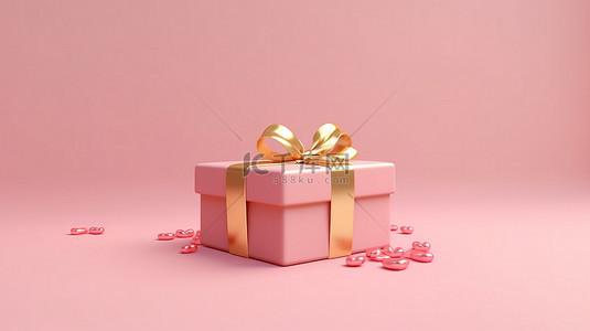 生日庆祝气球背景图片_粉红色礼品盒的 3D 渲染，上面装饰着金丝带和心形，并附有粉红色背景上的爱情主题购物销售横幅