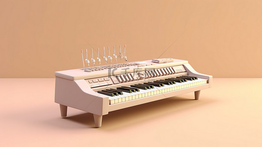 电钢琴键盘的 3D 渲染，在柔和的背景上带有音符