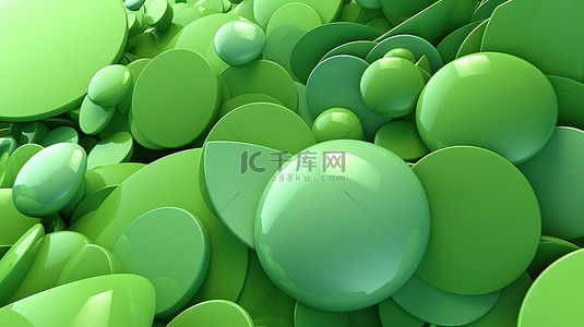绿色抽象背景上的圆形物体，具有 3D 渲染和浅绿色色调