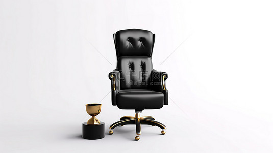 高级老板椅背景图片_高级办公椅黑色皮革老板椅，在干净的白色背景 3D 渲染上配有闪亮的金色奖杯