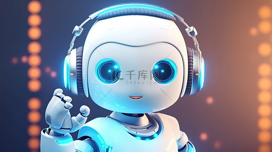 具有聊天机器人概念和举手手势的 Android 机器人的渲染