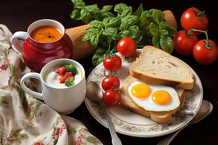 早餐包括鸡蛋西红柿香草和面包咖啡和果汁
