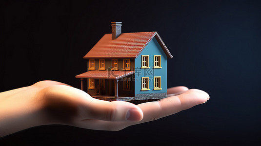 用手握住的房子图标的 3D 渲染插图