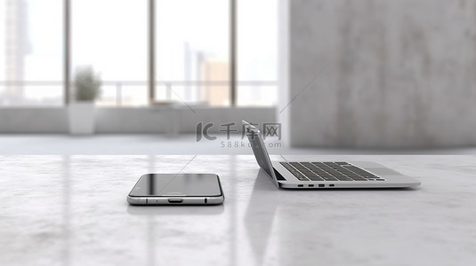 白色混凝土办公桌横幅笔记本电脑和手机的 3D 插图