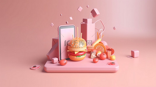 卡通风格的 3D 插图电话，背景中有订单按钮和食物，描绘了在线食品配送的概念