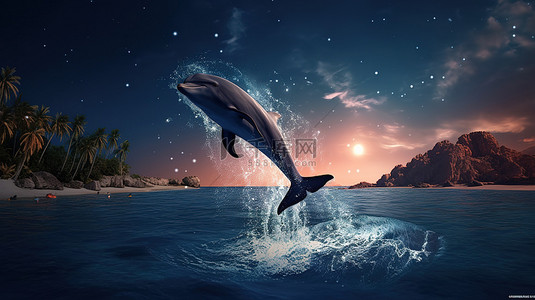 月亮的夜晚背景图片_海豚在满月夜空下跳跃的 3D 渲染