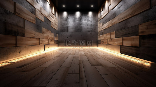 房间桌板背景图片_照明房间 3D 木地板和水泥背景，配有设计师照明