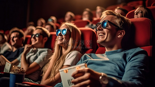 和朋友一起在电影院观看搞笑的 3D 电影