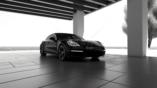 户外环境背景图片_户外环境中无品牌黑色运动车的 3D 插图