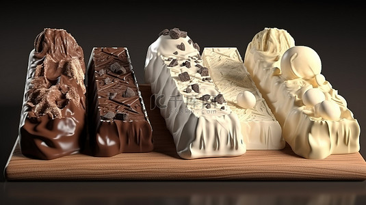 四种巧克力增强了 3d 渲染的冰淇淋勺，包括白巧克力