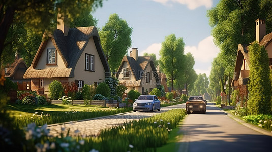 抽象村庄背景图片_迷人小屋社区的 3D 渲染