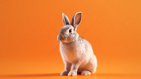 橙色背景与 3D 渲染的单色兔子