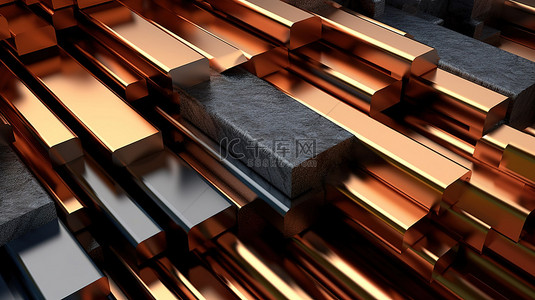 工程材料背景图片_各种 3D 渲染的具有不同形状和尺寸的铁和铜金属型材