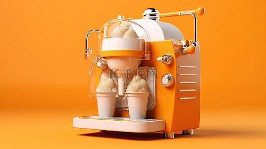 3D 渲染单色冰淇淋机在充满活力的橙色背景下