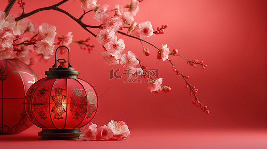 红色财富背景图片_红色背景上的红花樱花和灯笼庆祝中国新年的喜悦 3d 渲染