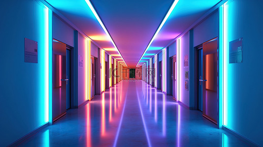 办公学校酒店或医院的当代走廊充满活力的灯光展示详细的 3D 设计