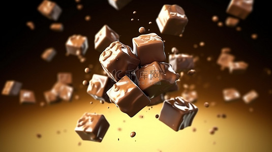 人们吃食物背景图片_运动中的巧克力块的 3D 插图