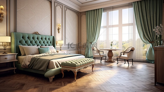 家具雕刻背景图片_传统卧室设计与 3D 渲染