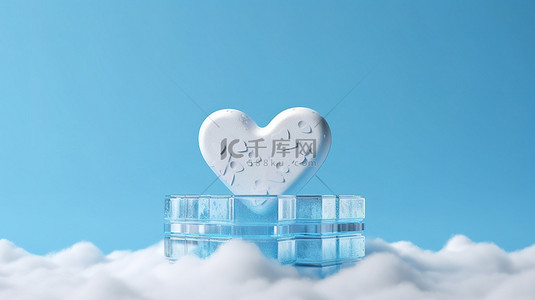 冰冻的心在 3D 渲染中塑造蓝色产品讲台上方的天空