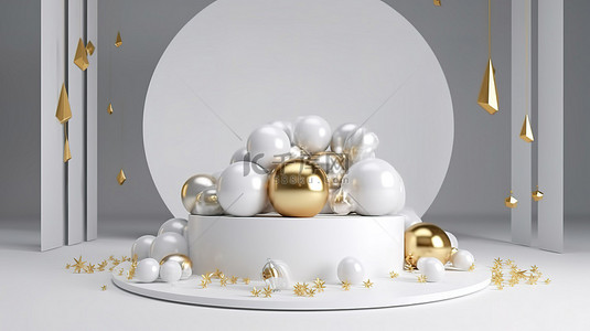 金色发光星星背景图片_闪闪发光的 3D 讲台，用于展示以闪闪发光的金色星星和节日舞会为特色的圣诞装饰