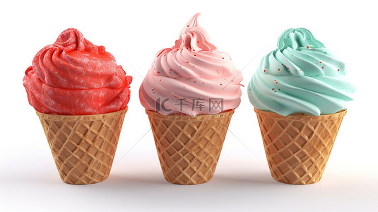 创意冰背景图片_一组三个冰淇淋在 3d 渲染中隔离在白色背景上一个创意插图