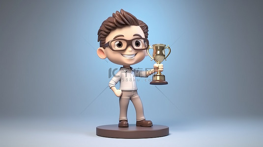 插画奖杯背景图片_以卡通商务人士为特色的插图 3D 奖杯