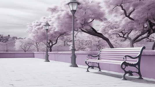 复古公园长椅和 3D 渲染的单色柔和紫色路灯