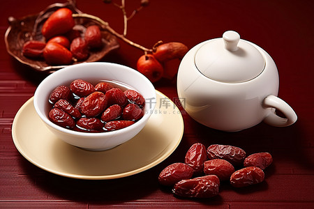 中国茶背景图片_红色表面的中国红枣杯和茶