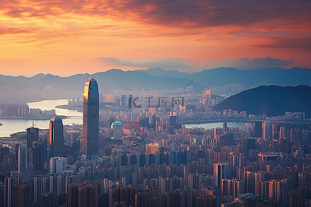楼人背景图片_香港城市天际线在日落天空的多彩阴影下 蓝天 蓝天 蓝天