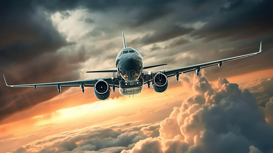 一架商用飞机在浓云中翱翔的 3D 插图