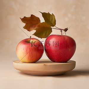 医美回馈感恩展架背景图片_木架上的两个苹果，上面有落叶