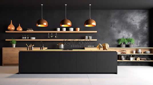 时尚的厨房设计与黑墙 3D 渲染