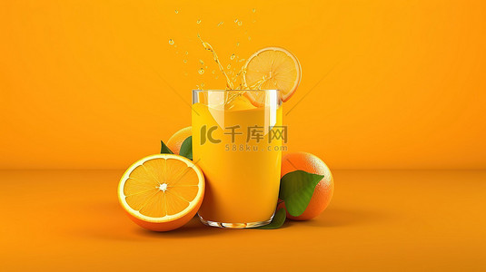 黄色果汁飞溅背景图片_橙汁和新鲜水果在充满活力的黄色背景上的 3D 渲染