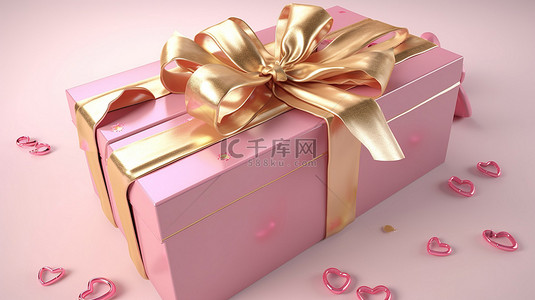 情人节礼物是一个粉红色的 3D 礼盒，上面装饰着金丝带和心形